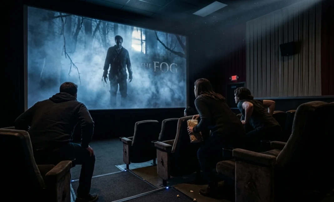 Movie theater audience watching a horror film with a shadowy figure on screen, illustrating the psychology of jump scares