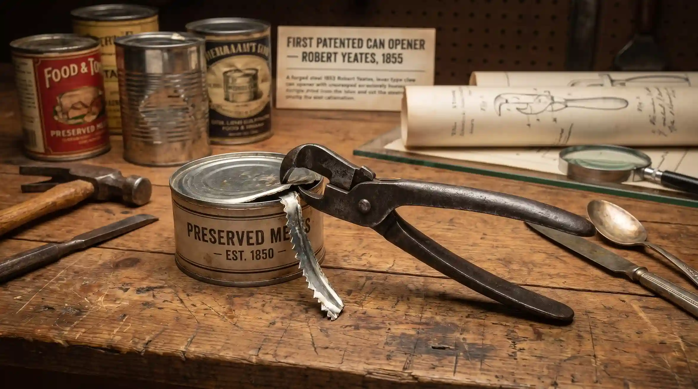 Robert Yeates 1855 claw-style can opener displayed beside a vintage food can, highlighting the world's first patented can opener and its forged steel construction.