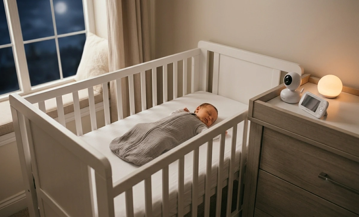 Safe newborn sleep environment with bare crib, firm mattress, tight sheet, baby sleeping on back in sleep sack