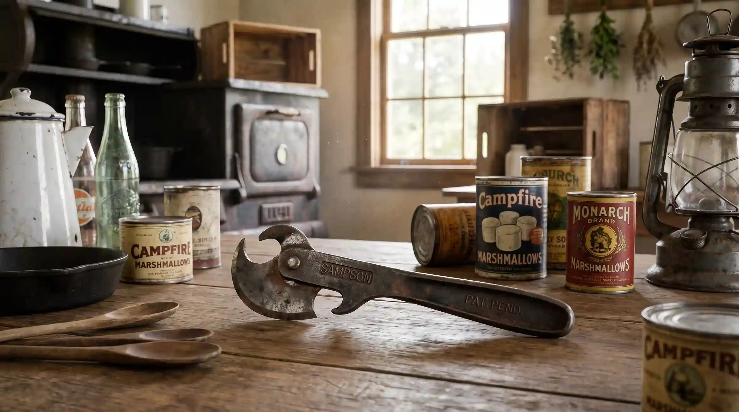 Sampson multi-purpose antique can opener from the 1920s displayed on a rustic farmhouse table, featuring a forged steel can opener and bottle-opening hook.