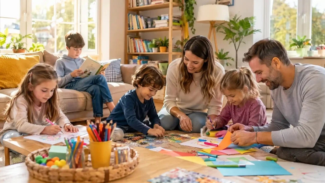 Children enjoying screen-free activities including drawing, reading, puzzles, and crafts with their parents at home in 2026.