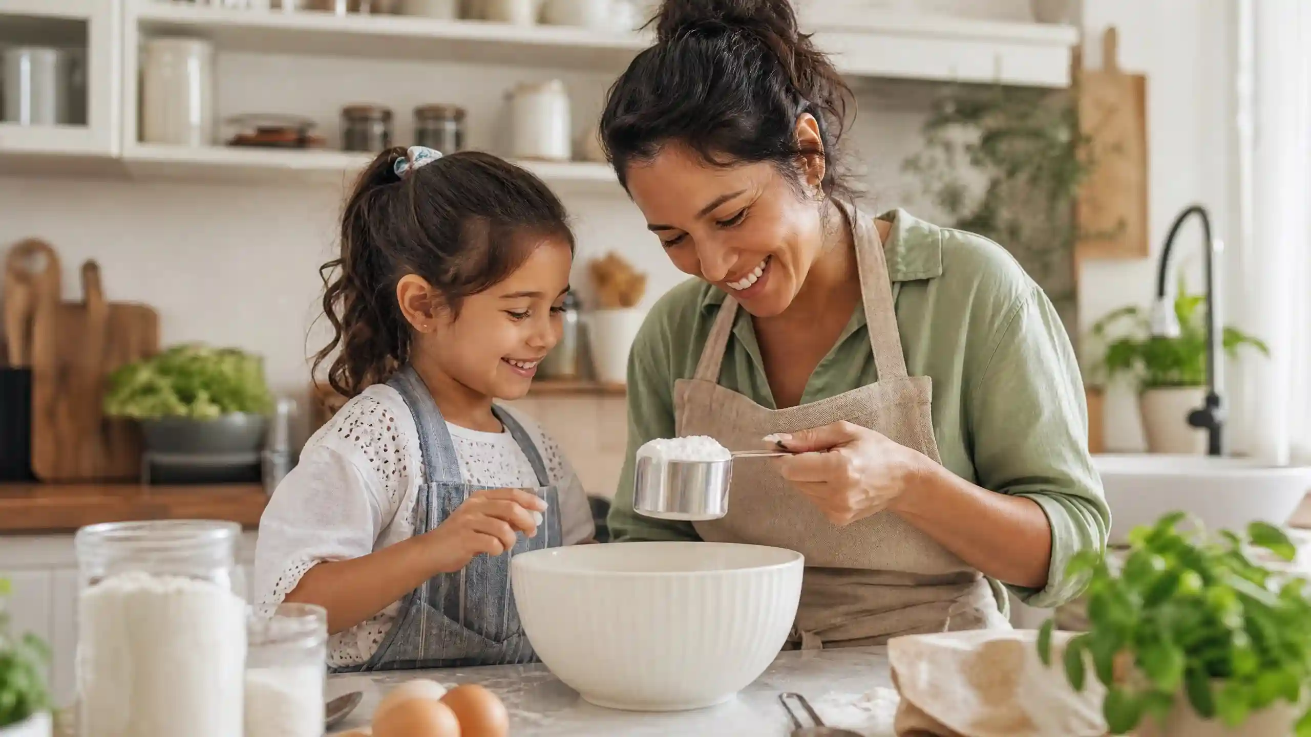 Parent and child cooking together as a screen-free learning activity.