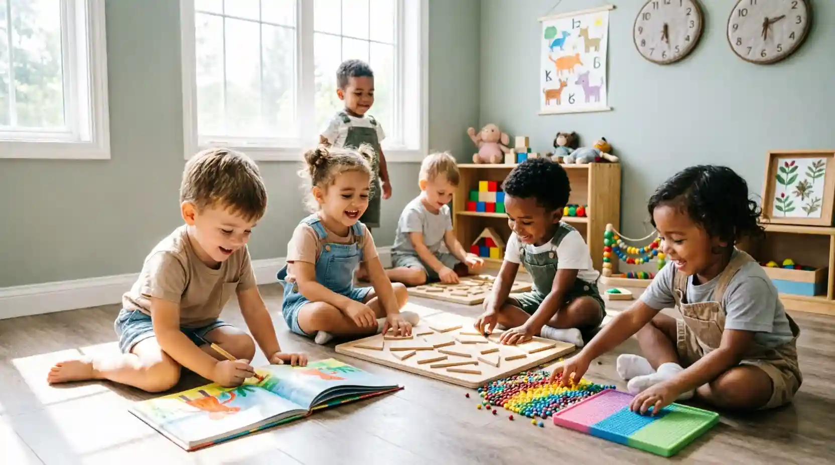 Preschool children coloring, solving puzzles, and enjoying sensory play.