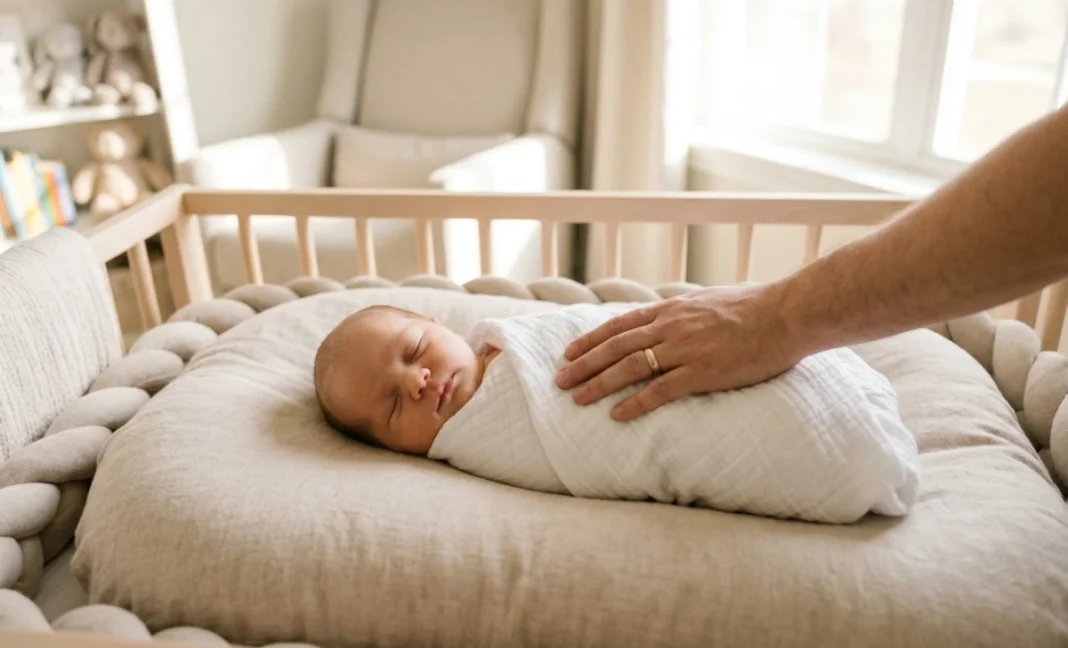 Calm sleeping newborn swaddled in white blanket with parent's hand gently resting on their chest, representing successful baby soothing.