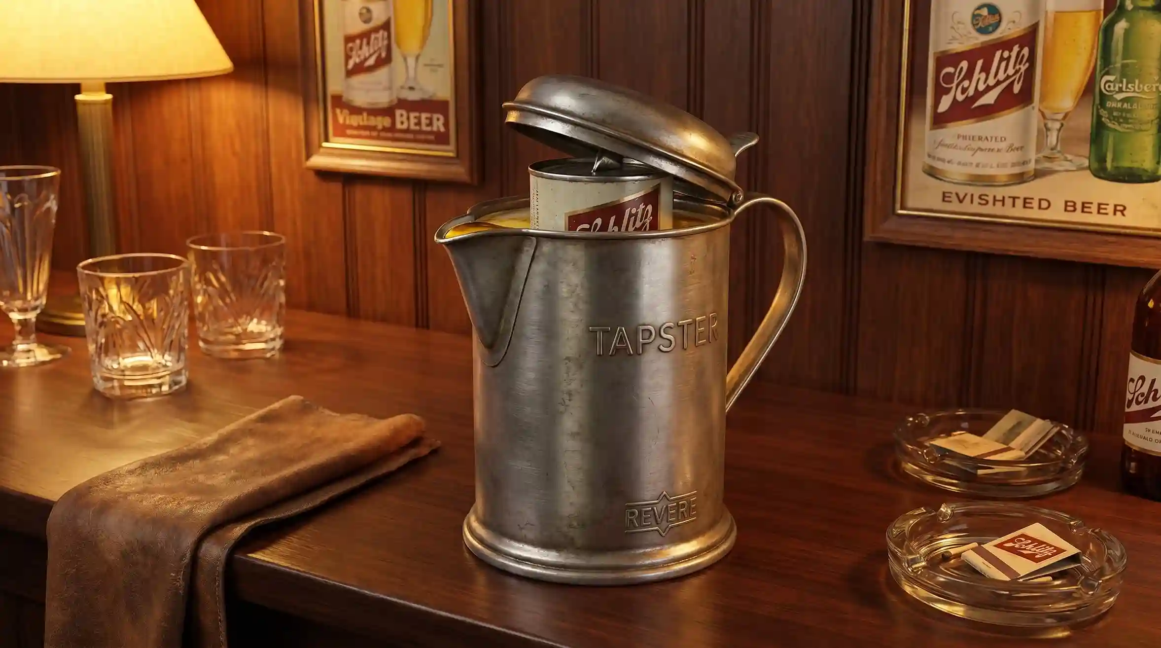1936 Tapster Pitcher antique can opener by Revere with a vintage flat-top beer can inside, displayed in a classic American bar setting.