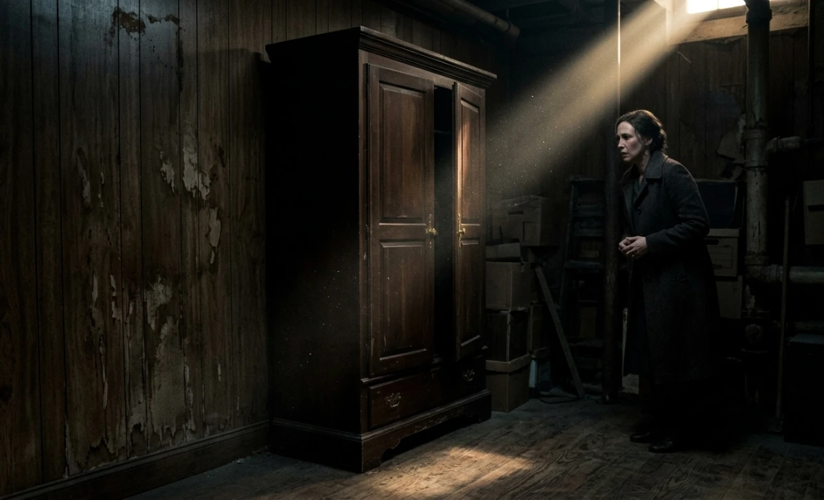 Dark basement scene from The Conjuring showing the clapping scene where the ghost appears from the wardrobe