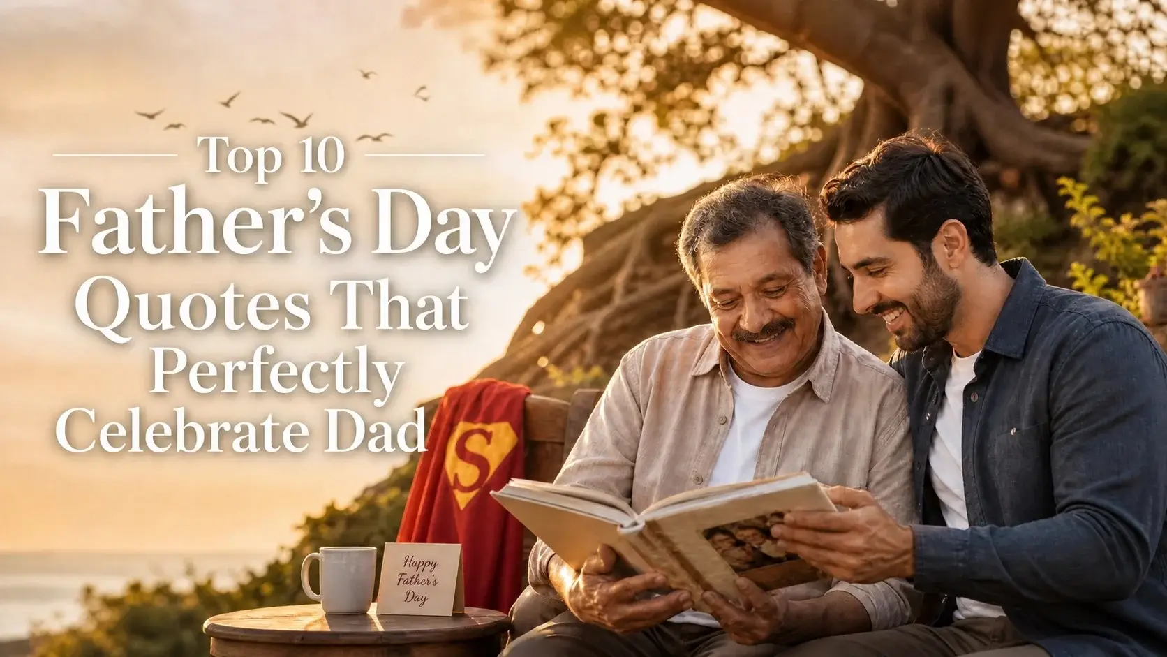 Top 10 Father's Day Quotes featured image with a proud father and child celebrating love, support, and family memories