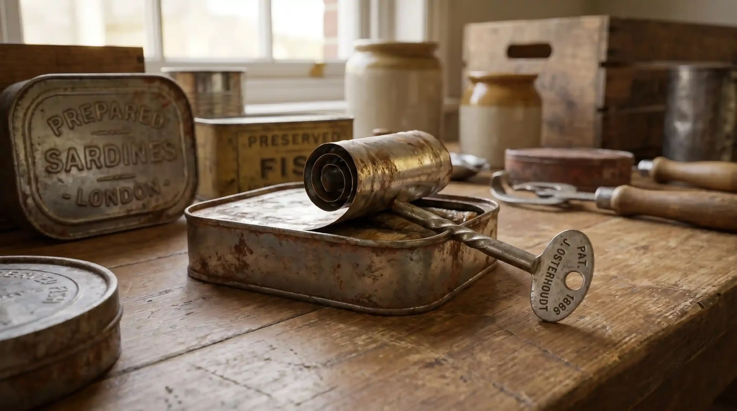 An 1866 Twist-Key antique can opener attached to a vintage sardine tin, demonstrating the original easy-open mechanism that rolls a metal strip around the can lid.
