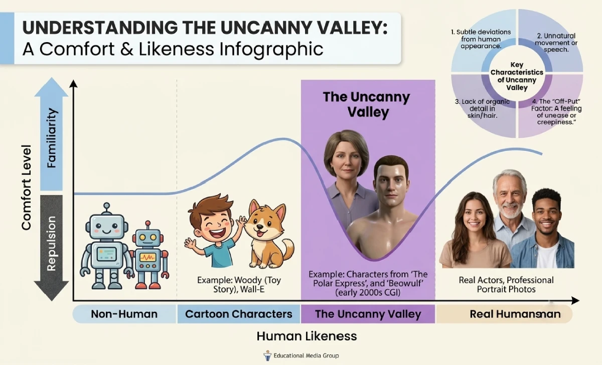 Uncanny Valley chart showing how near-human CGI creates discomfort