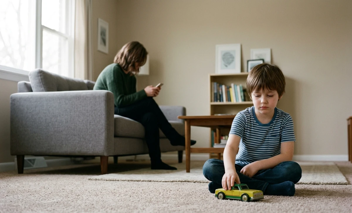 Child sitting alone on floor looking sad while parent sits on sofa facing away looking at phone, representing uninvolved parenting.