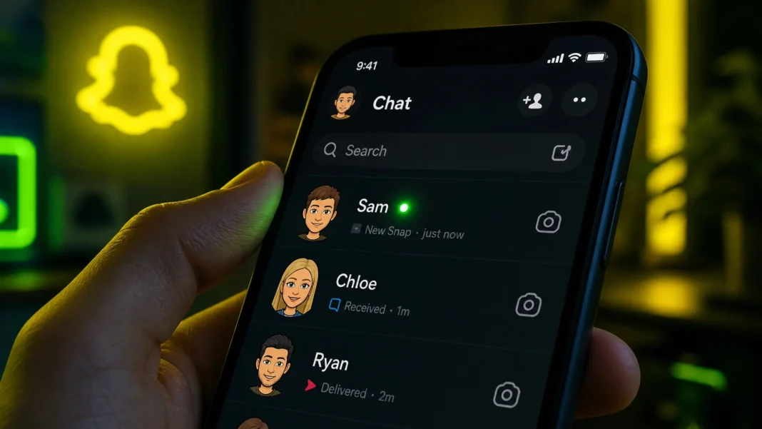 Smartphone showing Snapchat chat list with a green dot next to a contact’s Bitmoji, highlighting active status indicator.