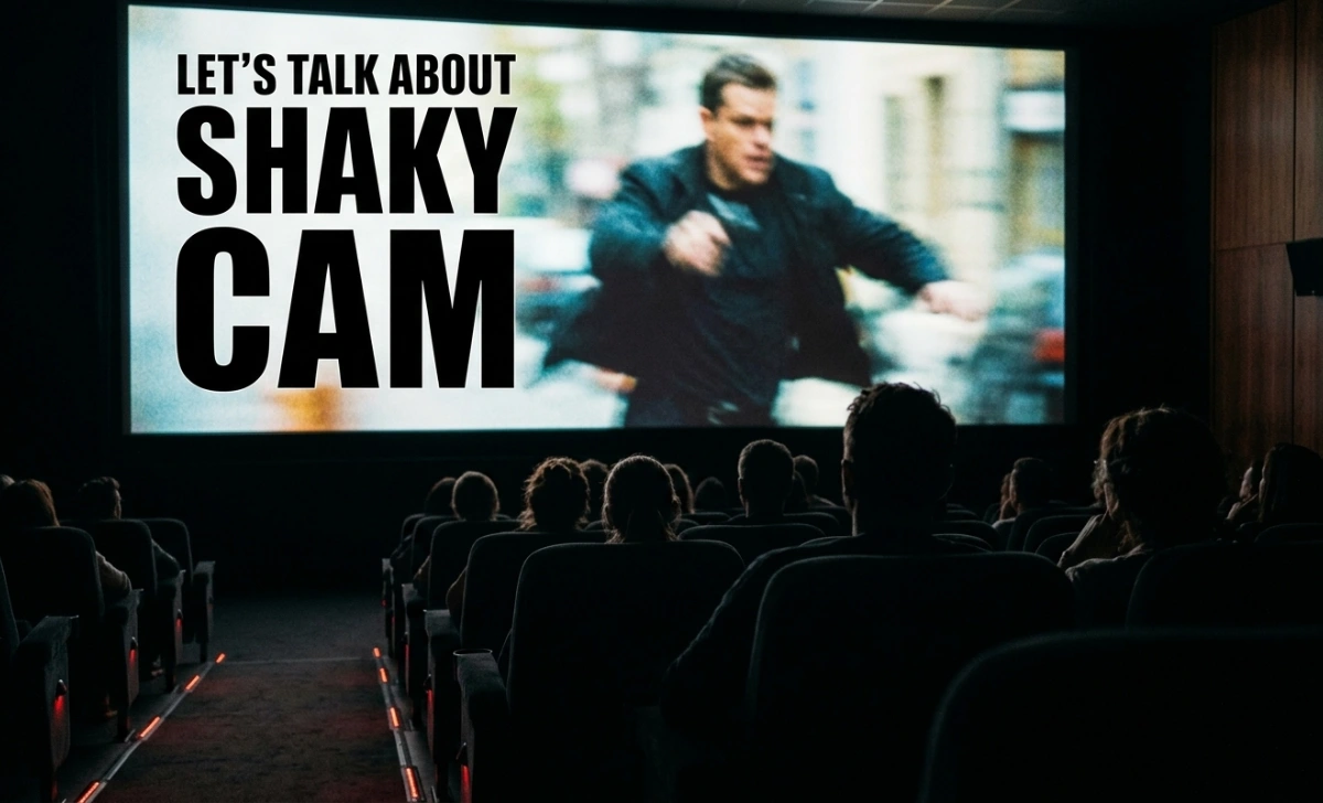 Audience sitting in a dark movie theater watching an intense motion-heavy film on a large screen