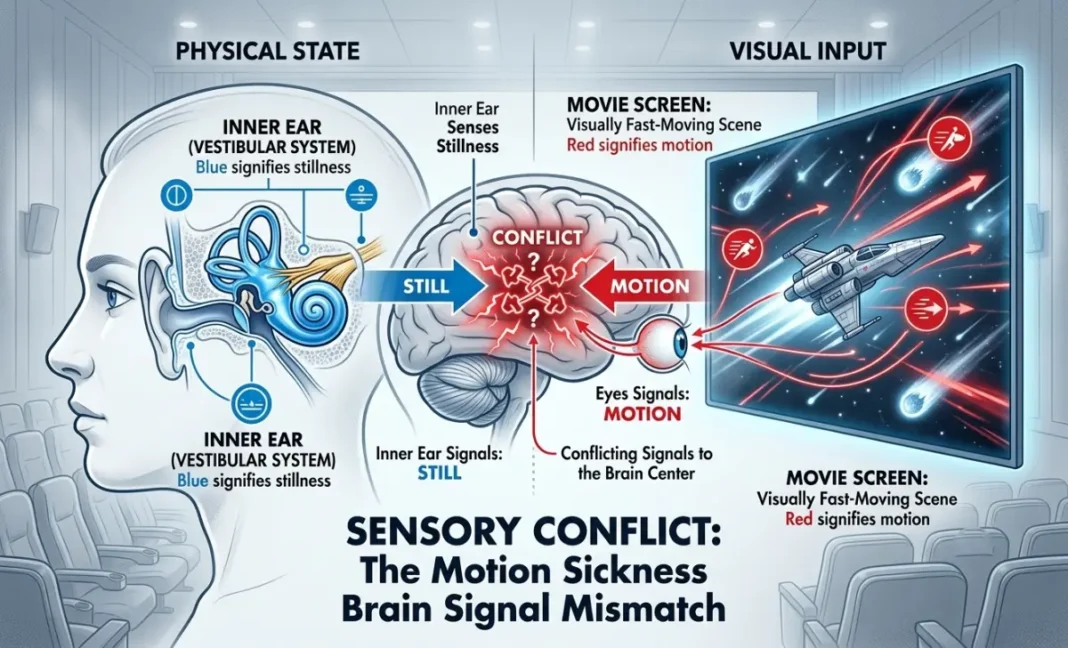 A diagram showing how movie sensory conflict happens between the eyes and inner ear in the brain while sitting still in a theatre