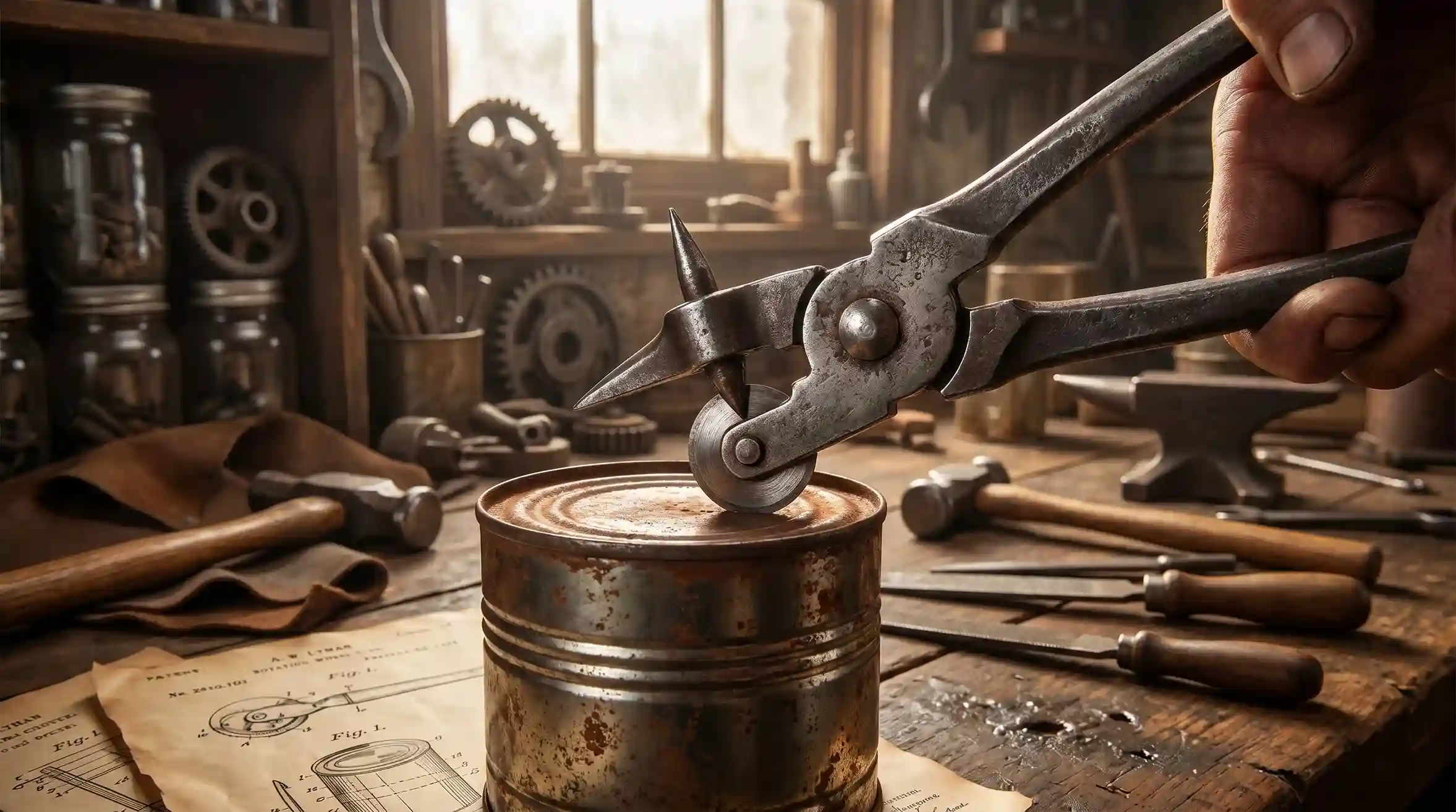 William W. Lyman's 1870 rotating wheel can opener displayed with a vintage food can, showcasing the first rotating cutting wheel design that inspired modern can openers.