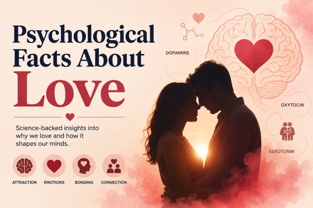 Psychological facts about love — illustrated brain showing stages of attraction, attachment, and bonding backed by research