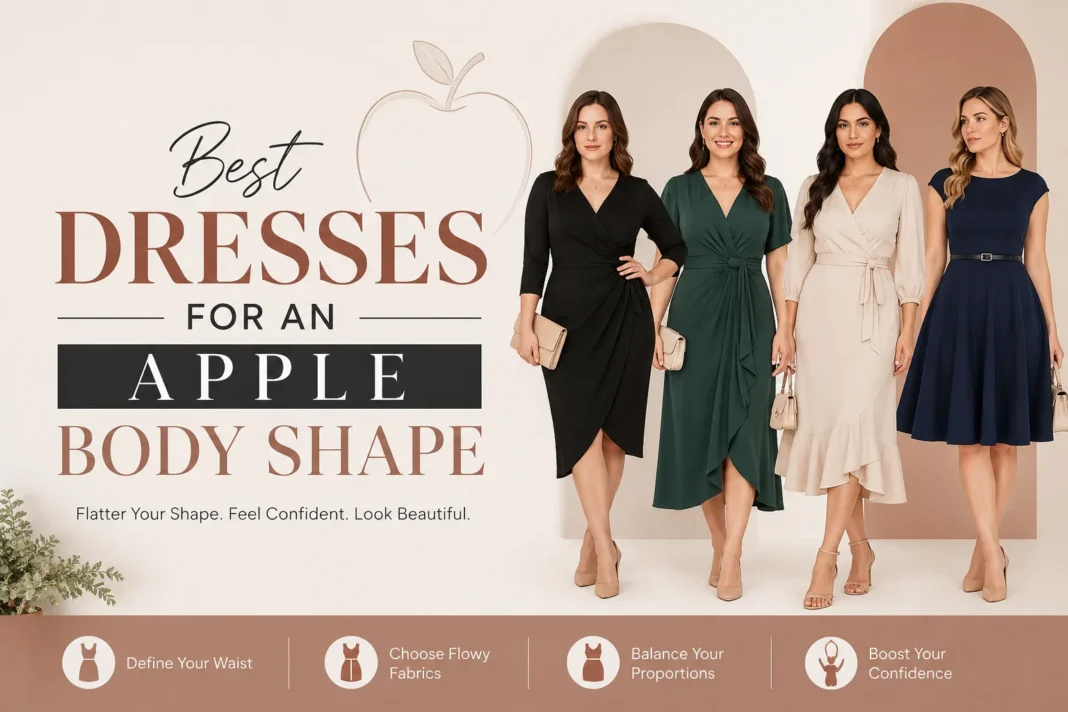Women wearing flattering dresses for an apple body shape