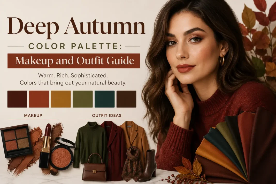Woman wearing deep autumn colors with warm makeup and a rust outfit