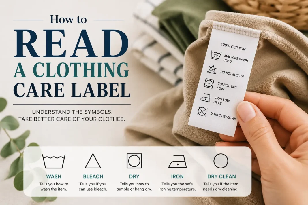 Clothing care label with washing and laundry symbols explained