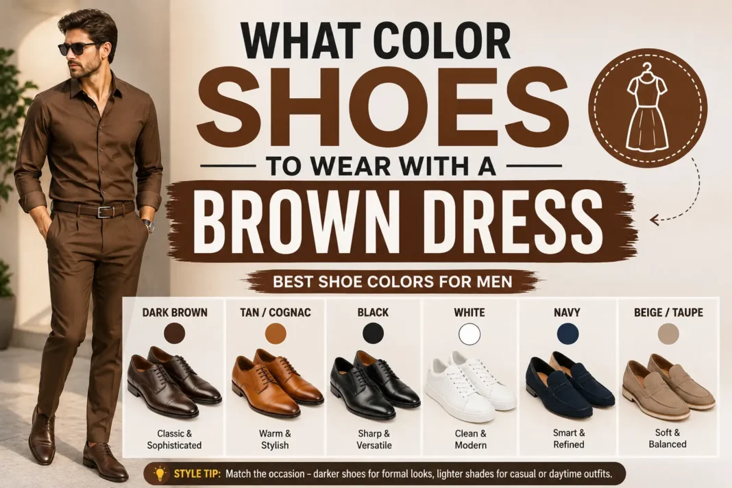 Man wearing a brown outfit with different shoe colors that pair well with a brown dress