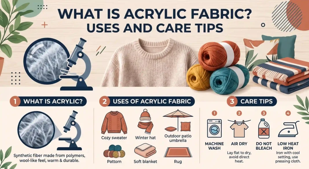 Infographic explaining acrylic fabric, its common uses in clothing and home decor, and essential washing and care instructions.