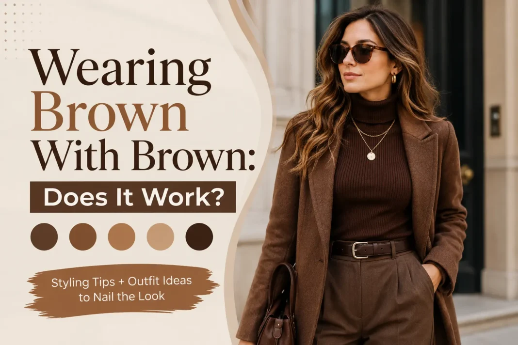 Woman wearing a stylish brown-on-brown monochrome outfit