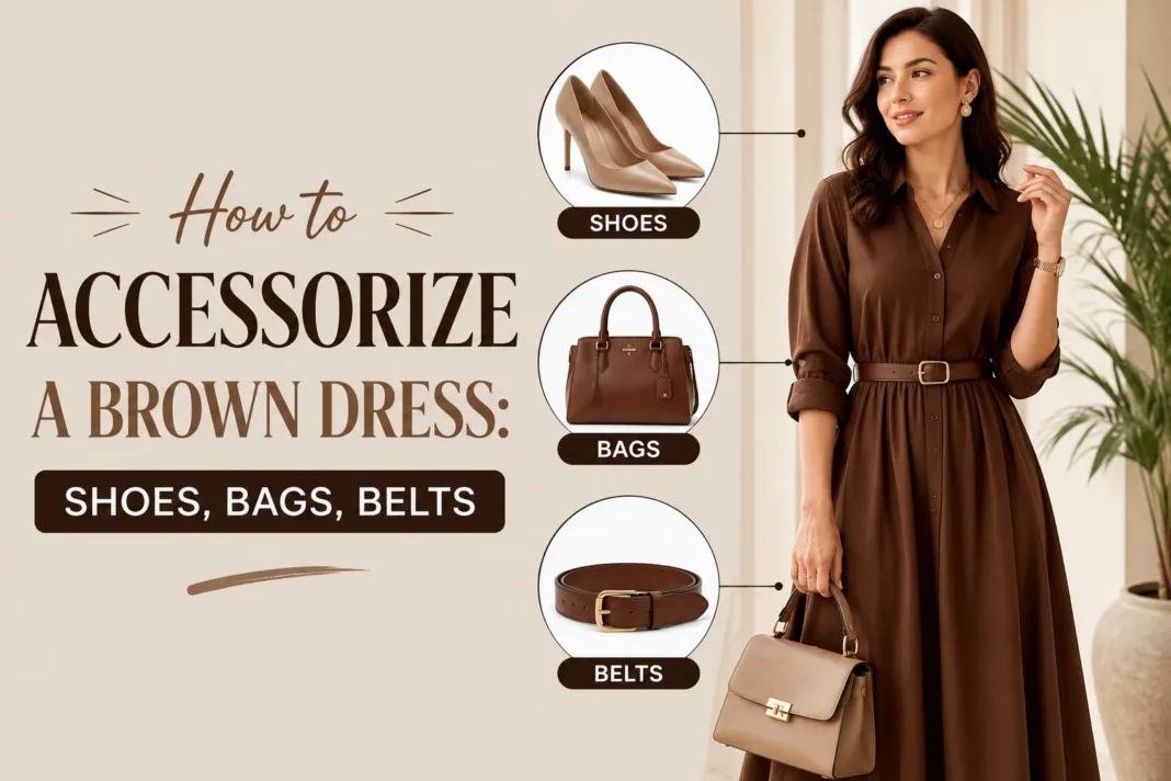 Woman styling a brown dress with shoes, bag, and belt
